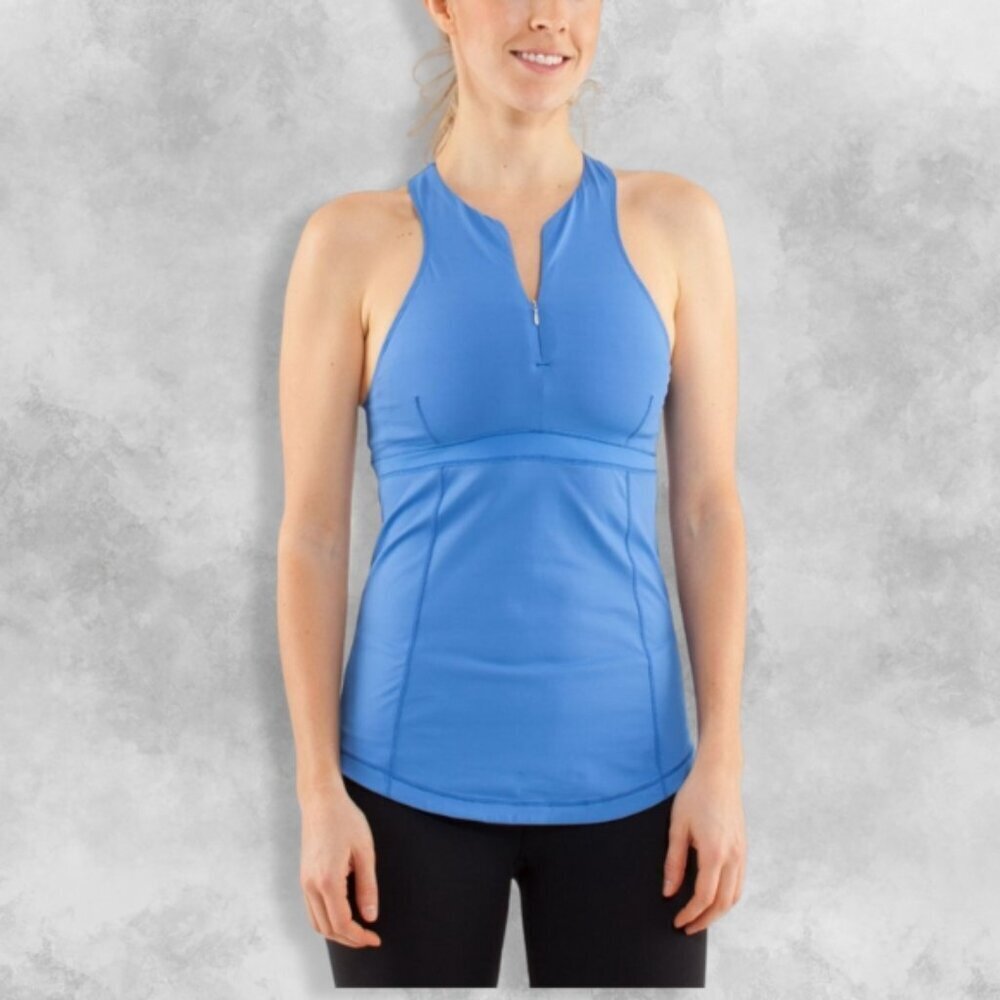 Lululemon Zippy Run Tank Top High Neck Racerback Built-In Shelf Bra Blue W US 4